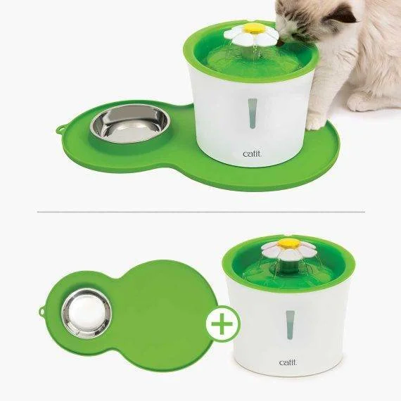 Catit Flower Fountain Combo - Cat Drinking Fountain and Placemat with Stainless Steel Dish