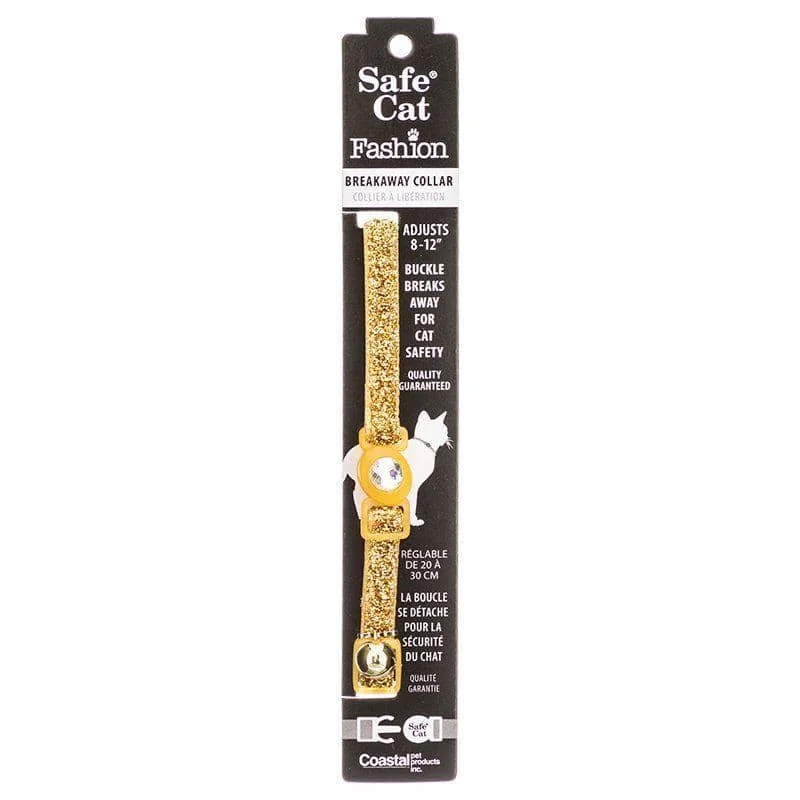 Safe Cat Jeweled Adjustable Breakaway Cat Collar - Gold Glitter - For Necks 8"-12" - (3/8" Wide)